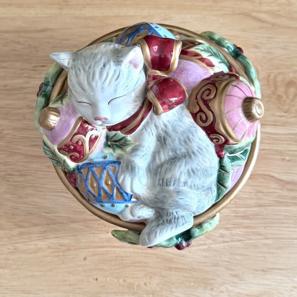 Fitz and Floyd Kristmas Kitty Lidded Box Candy Dish Trinket Jar Holiday Decor